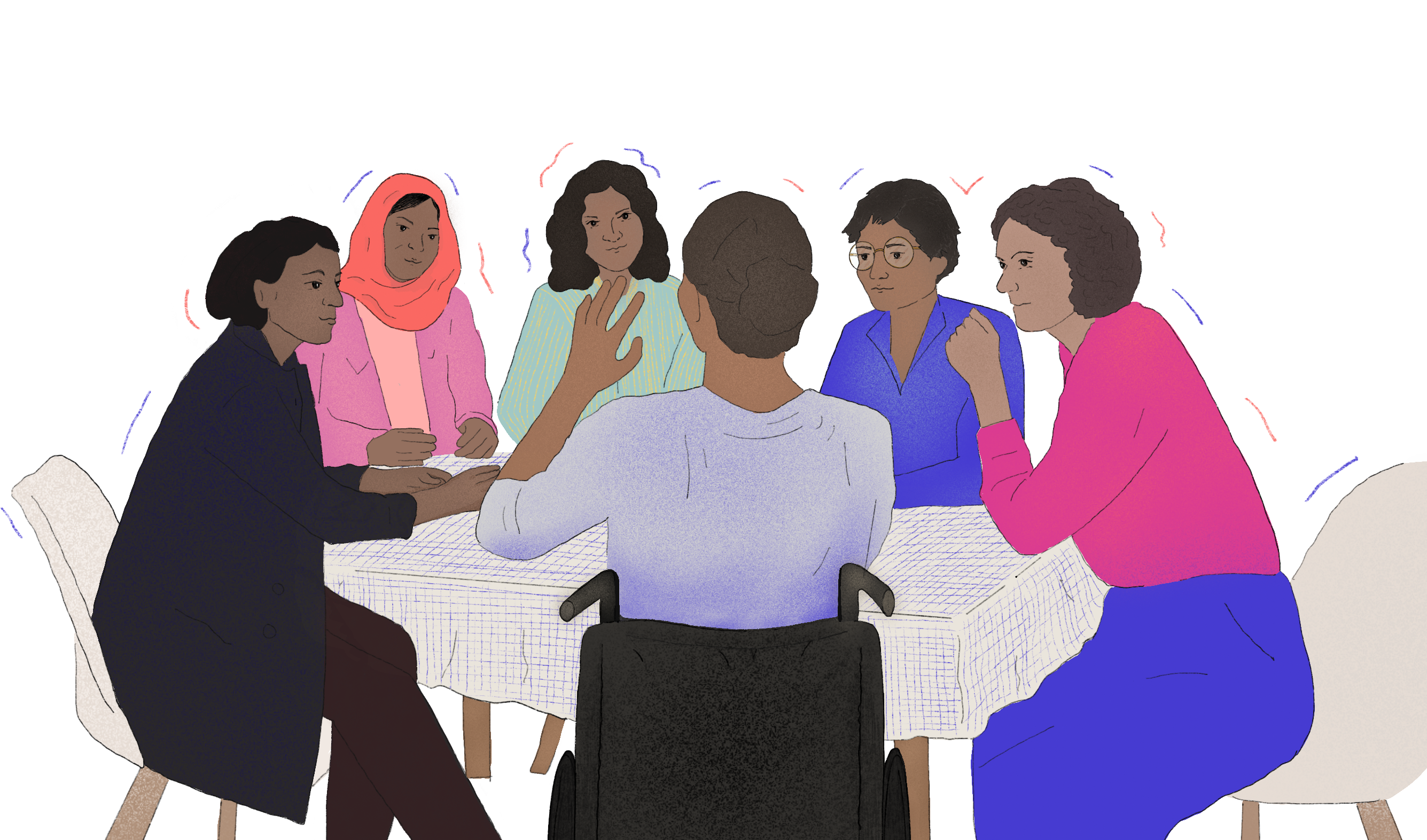 Illustration of a group of people sitting around a table discussing
