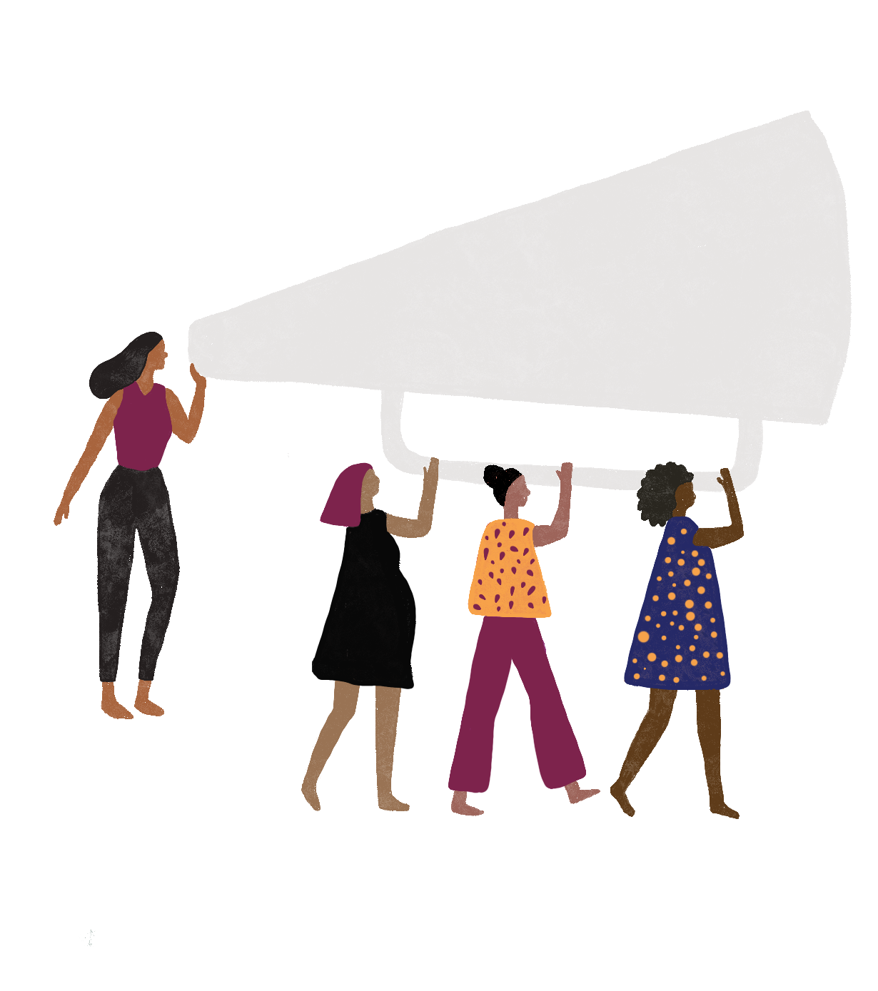 Illustration of 4 people holding an oversized loud hailer