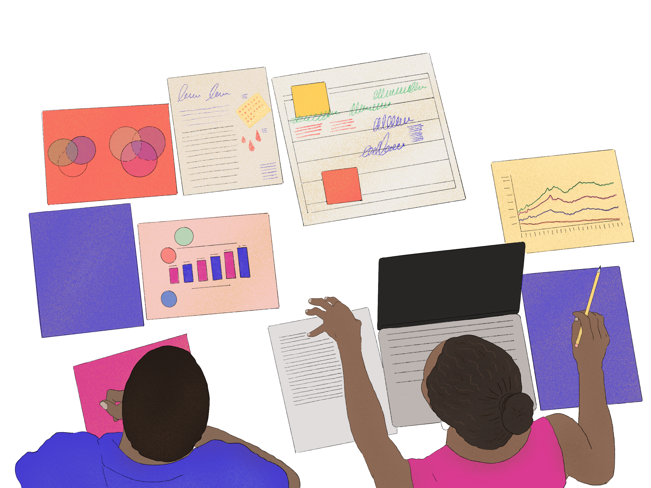 Illustration of 2 people working at a table in front of sheets with graphs and a laptop