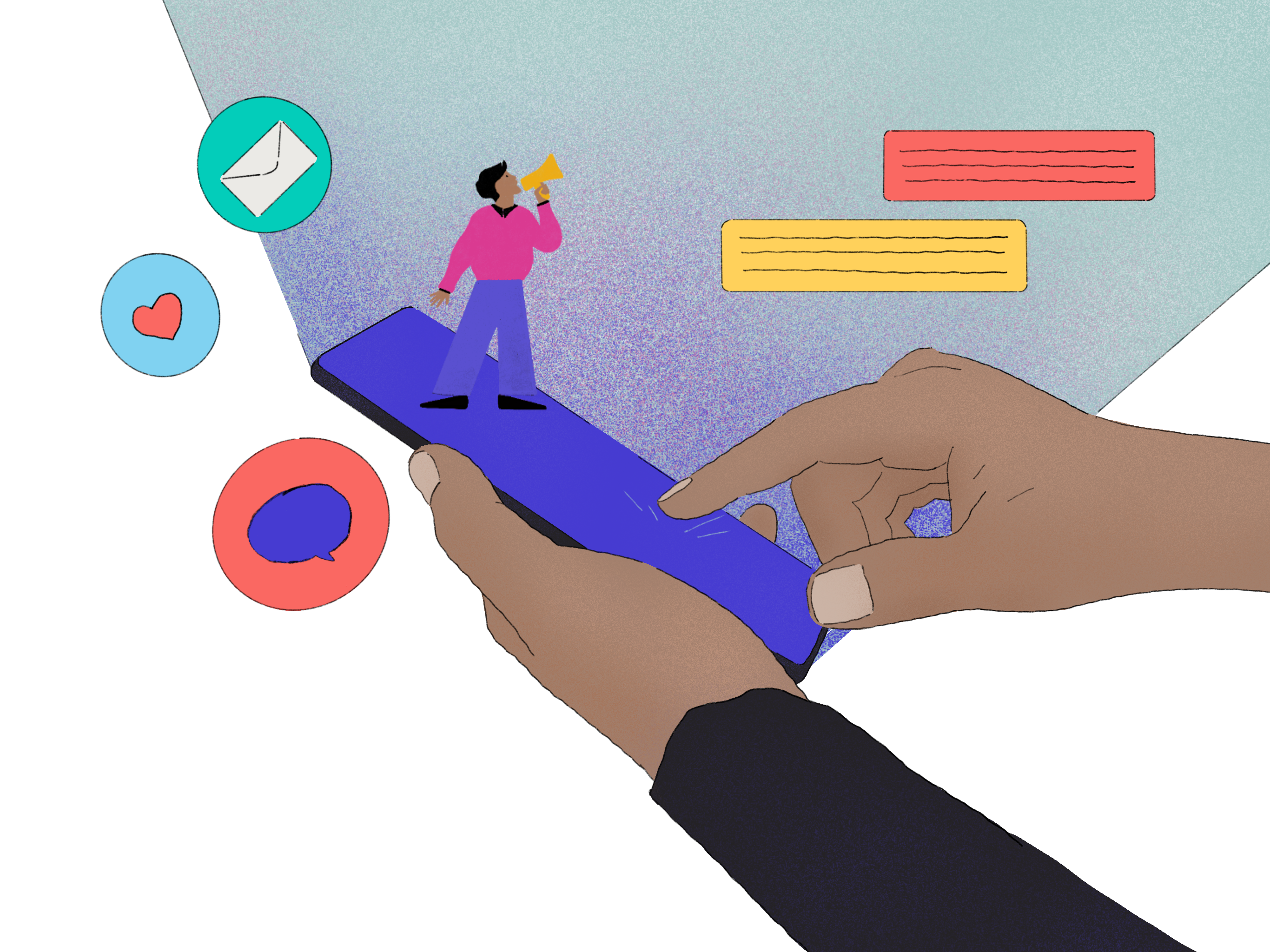 Illustration of hands holding a cellphone, standing on top of the cellphone a person speaking into a loud hailer
