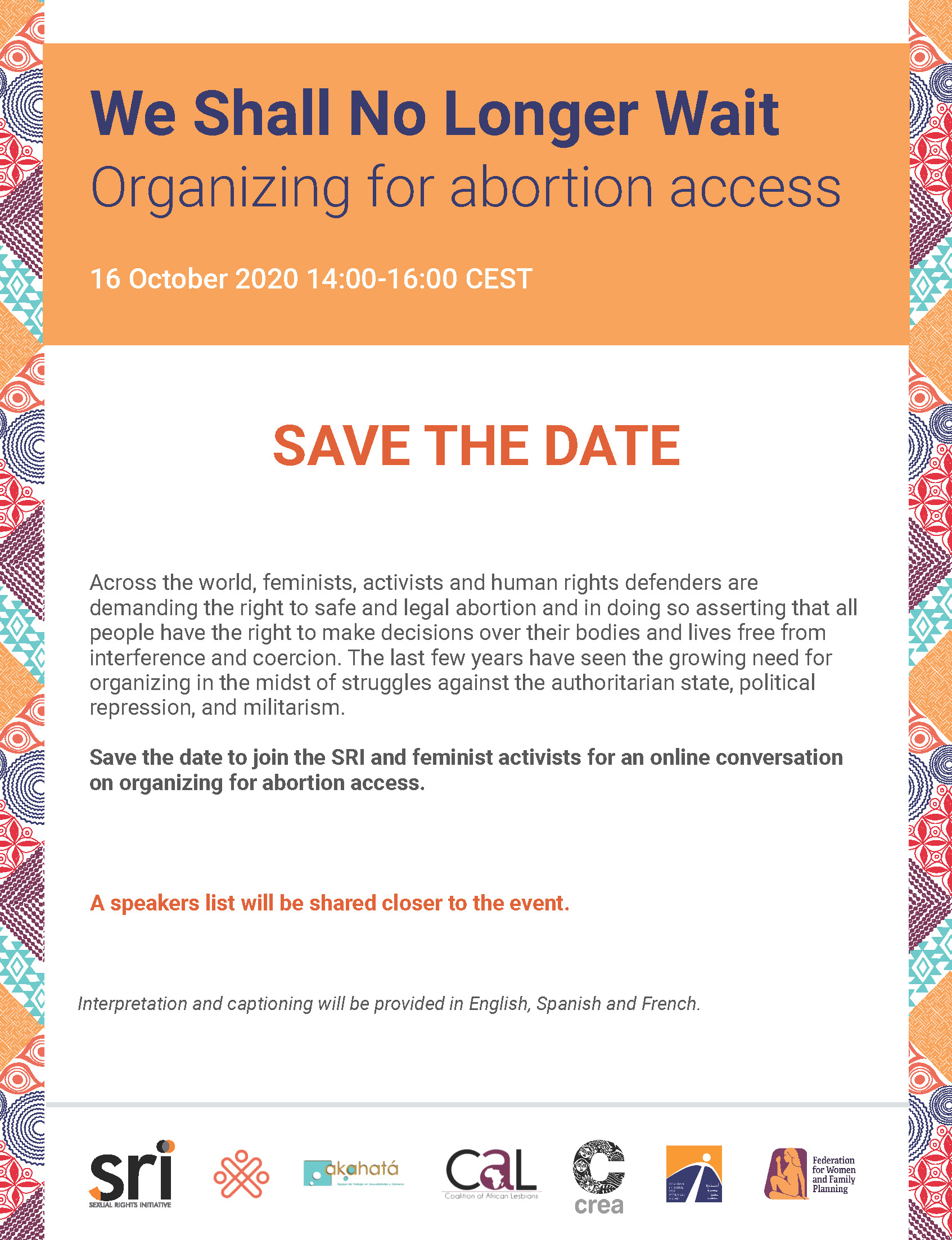 Save the Date for event: organizing for abortion access Oct 16 2020 2 pm CEST