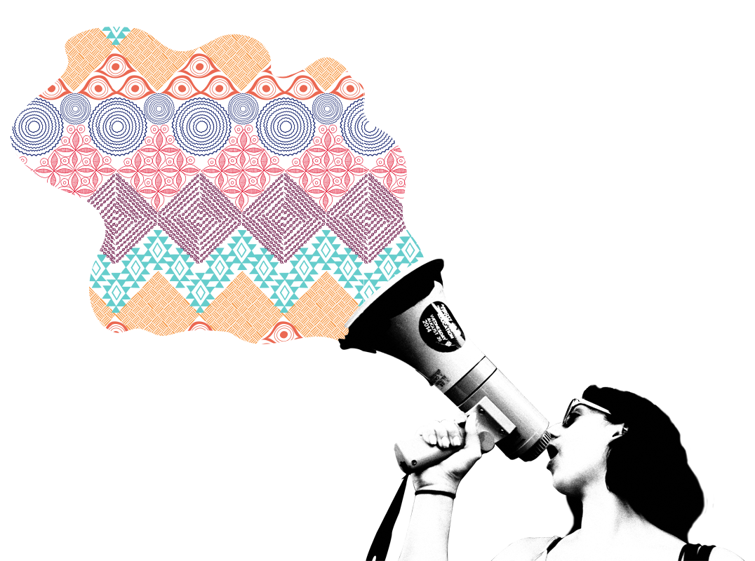 A woman with a megaphone.