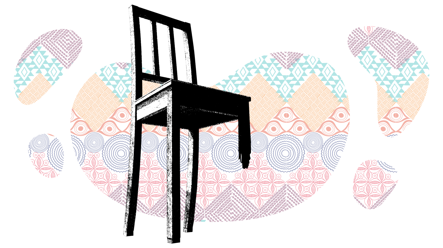 A chair with a broken leg with a patterned background