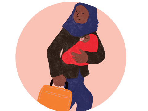 Link to Economic justice section. Image of woman with baby and handbag