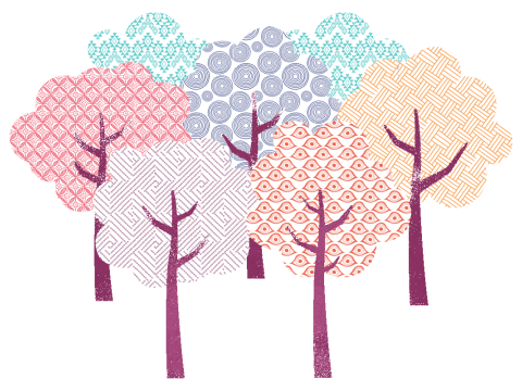 A forest with the different patterns of partners representing collaboration.