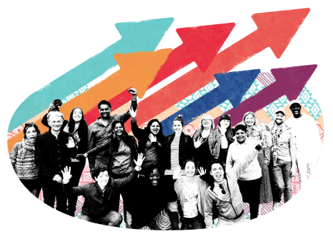 Group of people with arrows moving forward