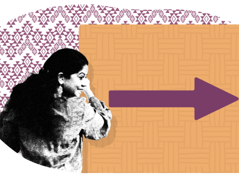 A picture of a woman happily moving a sign forward with an arrow on it