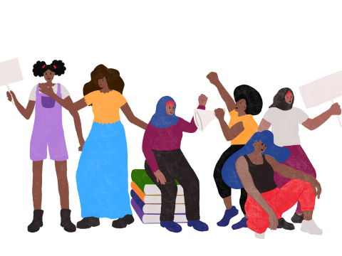 Illustration of a group of people raising fists and holding placards
