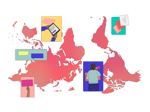 Illustration of an upside-down world map with thumbnails of someone speaking through a loud hailer, hands holding a tablet, sheets of paper, a placard and speech bubbles