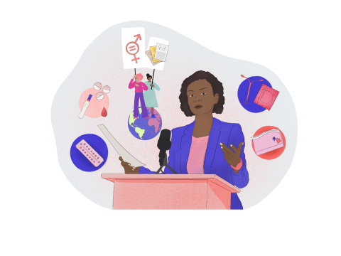 Illustration of a woman speaking behind a lectern and a mic. In the background: images of contraception devices, people standing on top  of the world holding placards for gender equality