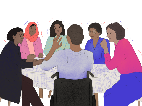 Illustration of a group of people sitting around a table discussing