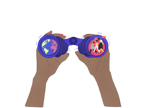 Illustration of hands holding binoculars with a world map and a group of people in the lenses.