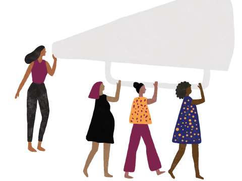 Illustration of 4 people holding an oversized loud hailer