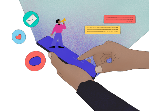 Illustration of hands holding a cellphone, standing on top of the cellphone a person speaking into a loud hailer