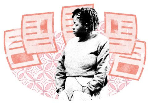 A person with information papers surrounding her.