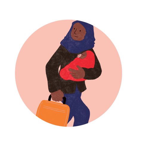Link to Economic justice section. Image of woman with baby and handbag
