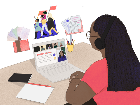 Illustration of a person sitting at a desk in front of a laptop in a video conference. Around the laptop are hands holding papers, people protesting and reports